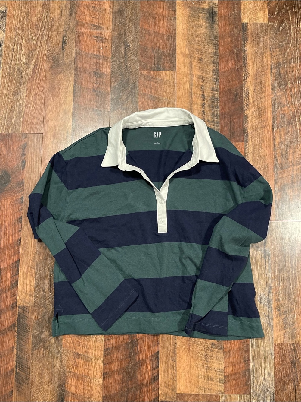 NWT GAP Ceopped Green and Navy Striped Rugby Polo with White Collar